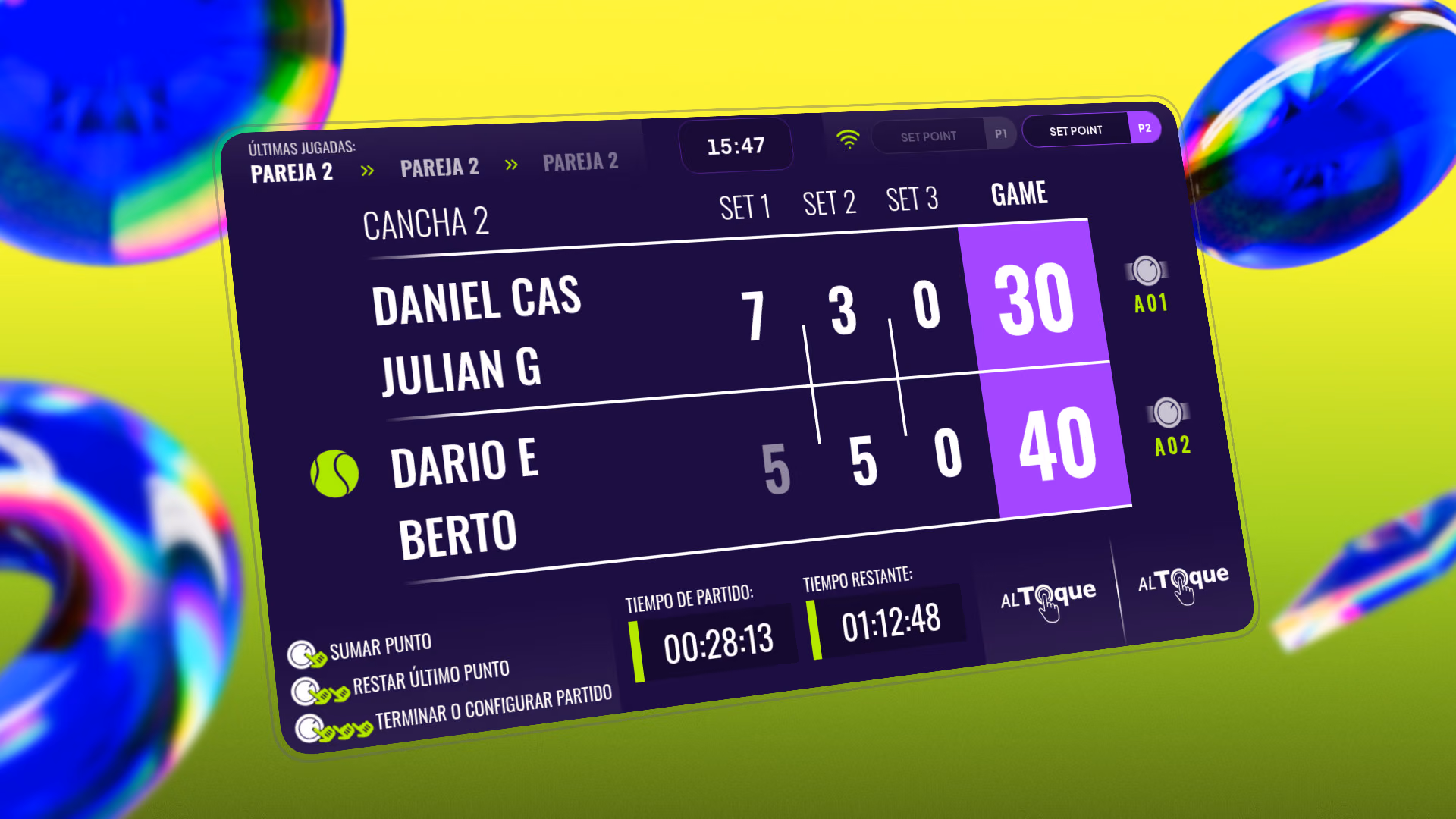 El marcador de AlToque: sets, games y puntos de un partido en vivo